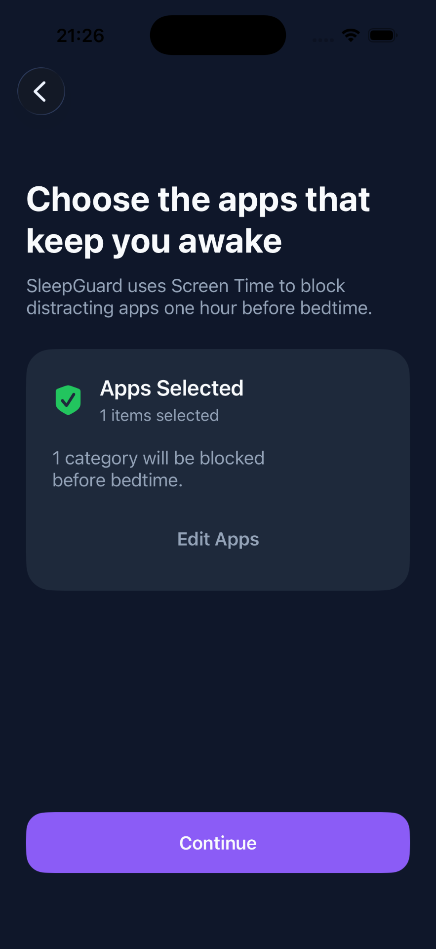 SleepGuard app selection screen using Apple Screen Time