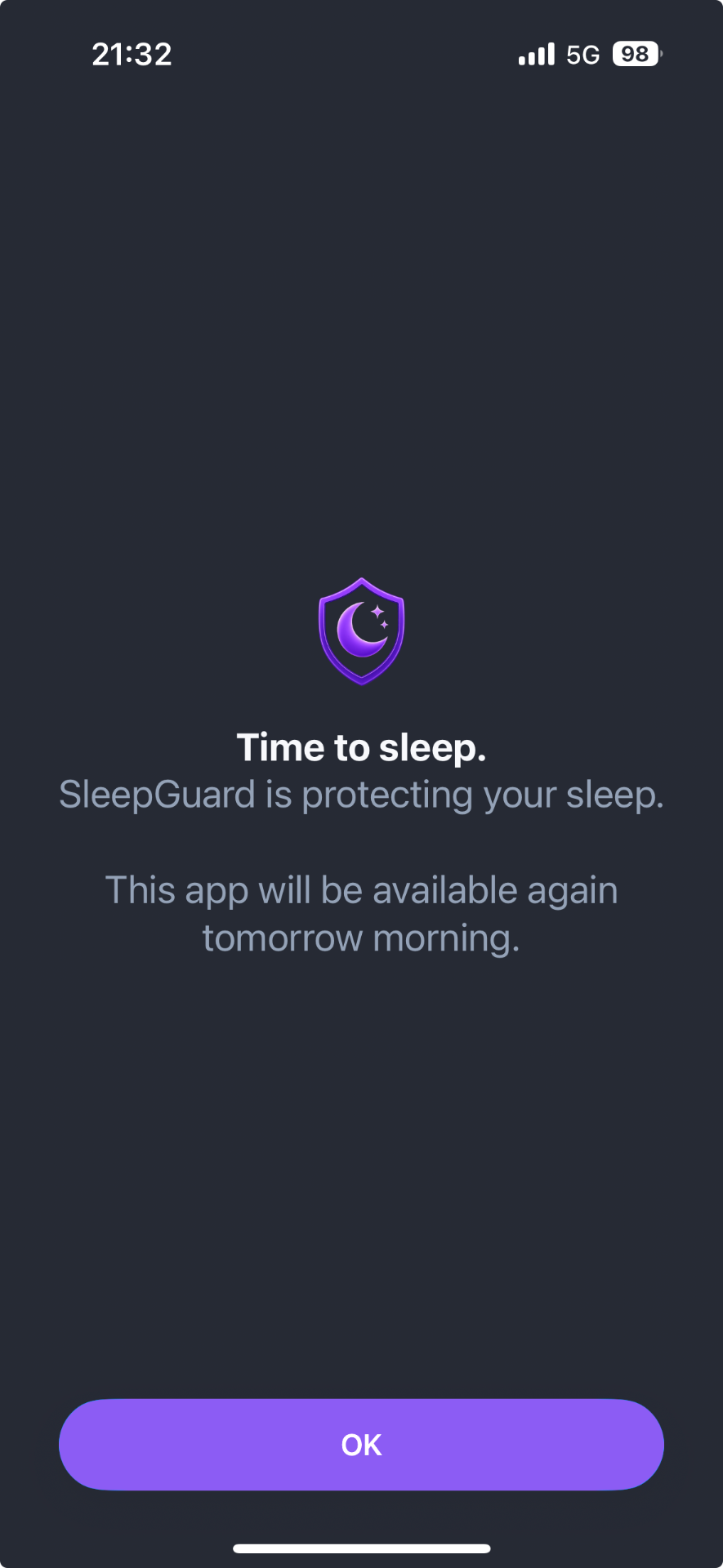 SleepGuard bedtime lock screen with Time to sleep message
