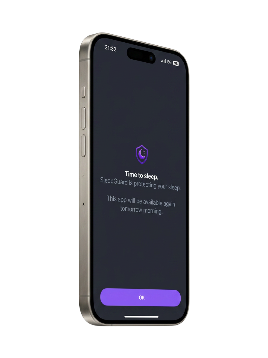 SleepGuard app shown on an iPhone with a glowing purple moon and the words Time to sleep